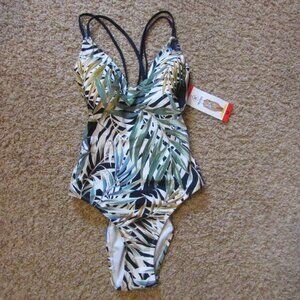 NWT Hurley Medium Green Black Leaves Pad Bra One Piece Swimsuit Strappy Back